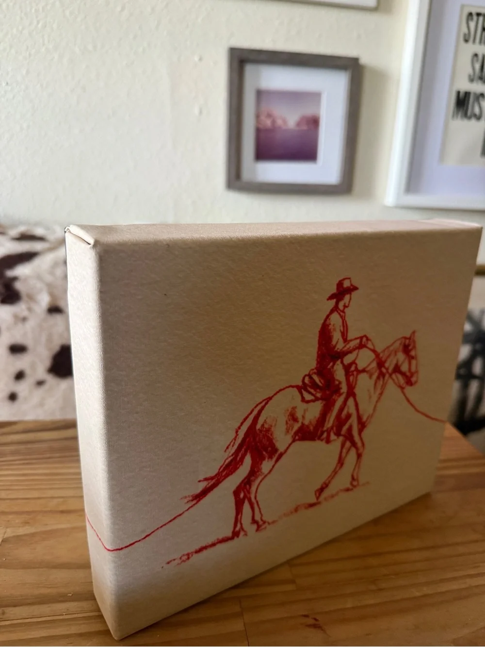 New Red illustrated Cowboy on Horse Wall Art Canvas 8x10” western decor